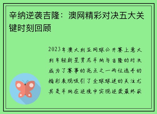 辛纳逆袭吉隆：澳网精彩对决五大关键时刻回顾